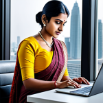**

"A professional Indian businesswoman in a modest, elegant sari, working on a laptop in a modern office with a cityscape view, fully clothed, appropriate attire, safe for work, perfect anatomy, natural proportions, professional photography, high quality, family-friendly."

**