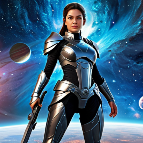 Home 19 **
"A professional digital painting of Karina from Aespa, fully clothed in a modest, futuristic warrior princess outfit, standing heroically against a backdrop of cosmic nebulae, perfect anatomy, well-formed hands, appropriate attire, safe for work, family-friendly, high quality, digital art."
**